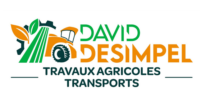 Logo d'entreprise de travaux agricoles et transports avec un tracteur stylisé et des éléments agricoles.